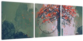 Tablou - Copacul roșu singuratic (cu ceas) (90x30 cm)