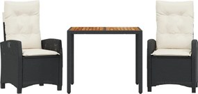vidaXL Set mobilier de grădină cu perne, 3 piese, negru, poliratan
