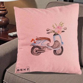 Perna Decorativa Scuter Albastru cu Flori Acuarela, 40x40 cm, Roz, Husa Detasabila, Perna Inclusa, BEKZ®
