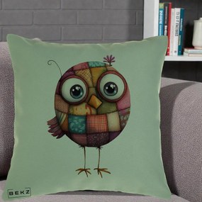 Perna Decorativa Pasare Patchwork Roz cu Floare, 40x40 cm, Verde, Husa Detasabila, Perna Inclusa, BEKZ®