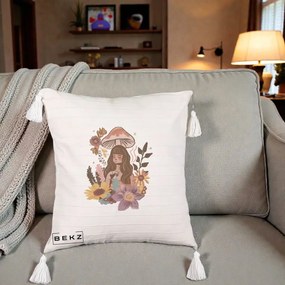 Perna Decorativa Fata Ciuperca Boho Florala, 40x40 cm, Bej cu Franjuri, Husa Detasabila, Perna Inclusa, BEKZ®