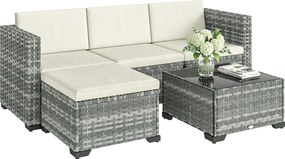 Outsunny Set mobilier grădină Polyrattan 5 piese, set lounge cu colțar, taburet, masă și perne pentru șezut și spate Gri+Cremeweiß | Aosom Romania