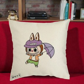 Perna Personalizata Labubu Lucky cu Umbrela, 40x40 cm, Ecru, Husa Detasabila, Perna Inclusa, BEKZ®