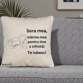 Cadou pentru Sora - Perna Personalizata Sora Mea Te Iubesc Line Art Portrete Fata in Fata, 40x40 cm, Bej Canapea, Husa Detasabila, Perna Inclusa, BEKZ®