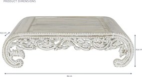 Măsuță laterală sculptată dreptunghiulară din lemn de mango, alb, cu picioare în volută și decor floral, finisaj décapé, 25,4 x 89 x 63,5 cm, „Serava”