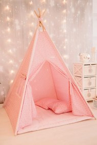 Set Cort de joaca, Gold Stars Teepee Pink, 110 x 110, salteluta, 2 pernite si kit fixare