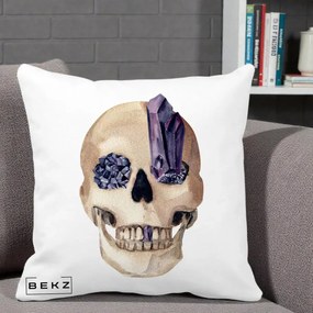 Perna Decorativa Craniu cu Cristale de Ametist, 40x40 cm, Alba Mata, Husa Detasabila, Perna Inclusa, BEKZ®