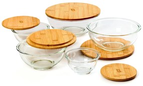 Bol de sticlă, set de 5 bucăți, capac din bambus, blocabil, fără BPA, pot fi introduse unul în celălalt