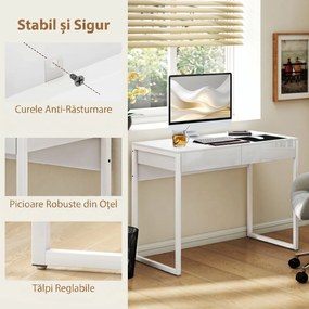 HOMCOM Birou Modern cu 2 Sertare și Picioare din Oțel, 100x50x75 cm, Alb Lucios | Aosom Romania