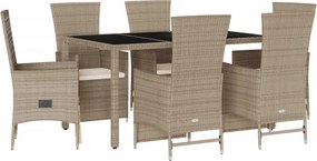 vidaXL Set de masă pentru grădină, 7 piese, cu perne, bej, poliratan
