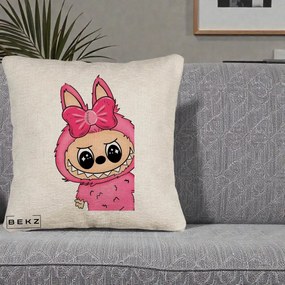 Perna Personalizata Labubu Roz cu Funda, 40x40 cm, Bej Canapea, Husa Detasabila, Perna Inclusa, BEKZ®