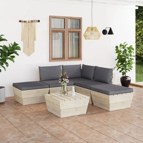 Set mobilier gradina din paleti cu perne, 6 piese, lemn molid Antracit, colt + 2x mijloc + masa + 2x suport pentru picioare, 1