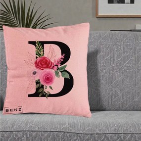 Cadou Personalizat - Perna Personalizata Monograma Florala Litera B, 40x40 cm, Roz, Husa Detasabila, Perna Inclusa, BEKZ®