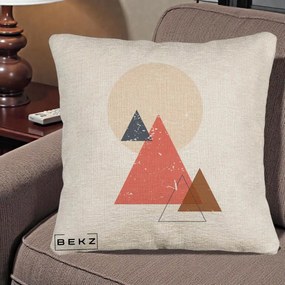 Perna Decorativa Geometric Munti si Soare, 40x40 cm, Bej Canapea, Husa Detasabila, Perna Inclusa, BEKZ®