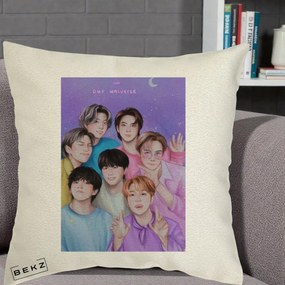 Perna Personalizata K-pop BTS Our Universe Fanart Violet Pastel, 40x40 cm, Ecru, Husa Detasabila, Perna Inclusa, BEKZ®