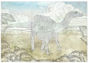 Fototapet - Paradisul Jurasic - dinozaur desenat manual în culori pastelate