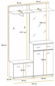 Cuier cu pantofar ,oglinda si perna inclusa, stejar sonoma, usi pvc infoliate, 120 cm lungime x 203 cm inaltime x 32 cm adancime, hol