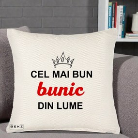 Cadou pentru Bunic - Perna Personalizata Cel Mai Bun Bunic Din Lume Coroana Rosu, 40x40 cm, Crem Reliefat, Husa Detasabila, Perna Inclusa, BEKZ®