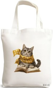 Sacosa de Panza pentru Cumparaturi, Geanta Tote, model Reading cat 5 38 x 34.5 cm, Alba, BEKZ®