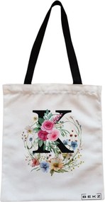 Sacosa de Panza pentru Cumparaturi, Geanta Tote, Cu litera K in Coronita Florala, Cu fermoar, 38x34.5 cm, Alba, BEKZ®