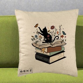 Perna Personalizata Pisica Neagra Carti Flori Fluturi, 40x40 cm, Bej, Husa Detasabila, Perna Inclusa, BEKZ®