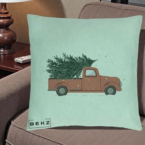 Perna Decorativa Camioneta Terracotta Brad de Craciun, 40x40 cm, Verde Menta, Husa Detasabila, Perna Inclusa, BEKZ®
