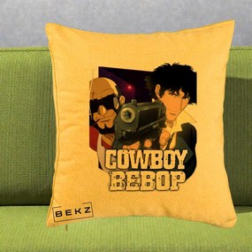 Perna Personalizata Cowboy Bebop Spike si Jet Poster, 40x40 cm, Galben, Husa Detasabila, Perna Inclusa, BEKZ®