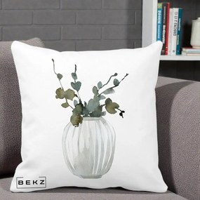 Perna Decorativa Vaza cu Eucalipt Watercolor, 40x40 cm, Alba Mata, Husa Detasabila, Perna Inclusa, BEKZ®