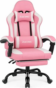 RESIGILAT- Scaun gaming, Masaj în perna lombară, Suport picioare, Rabatabil 90-165°, piele PU, Roz/Alb