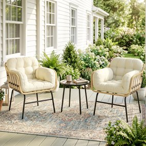Outsunny Set mobilier exterior 3 piese din rășină împletită, masă din sticlă securizată, 2 fotolii cu perne, 62x73x79cm, Kaki | Aosom Romania