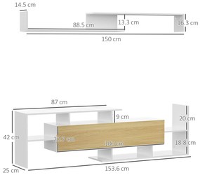 HOMCOM Dulap TV cu Raft de Perete, Rafturi Deschise și Dulăpior din Lemn, Mobilier TV Modern, 153,6x25x42 cm, Alb | Aosom Romania