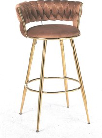 RESIGILAT- Scaun bar, cadru metalic și suport pentru picioare aurii, catifea, Maro