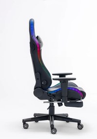 Scaun gaming, Masaj si Incalzire, sistem iluminare bandă LED RGB, boxe Bluetooth, masaj în perna lombară, sezut benzi elastice sustinere, funcție șezlong, 90-180 grade, suport picioare, Negru/Gri