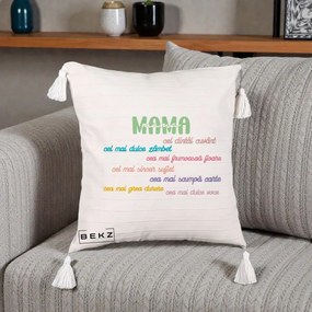 Cadou pentru Mama - Perna Personalizata Mama Cel Dintai Cuvant cu Text Colorat Multicolor, 40x40 cm, Bej cu Franjuri, Husa Detasabila, Perna Inclusa, BEKZ®
