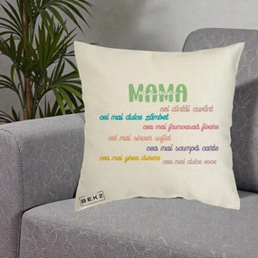 Cadou pentru Mama - Perna Personalizata Mama Cel Dintai Cuvant cu Text Colorat Multicolor, 40x40 cm, Ecru, Husa Detasabila, Perna Inclusa, BEKZ®