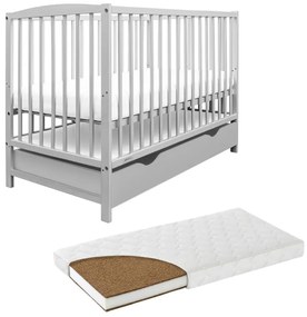 Patut din lemn masiv cu sertar si capac 120x60 cm Kidizi Orella gri si saltea cocos LUX 120x60x9 cm,reglabil pe 3 nivele, certificat EN71