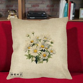 Perna Decorativa Buchet Margarete Albe Acuarela, 40x40 cm, Crem, Husa Detasabila, Perna Inclusa, BEKZ®