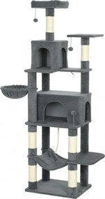 PawHut Arborele pentru Pisici mare, 202 cm, cu 6 Stâlpi de Zgâriat, 2 Hamace, 2 Stinghii, 2 Pompoane, Gri inchis | Aosom Romania