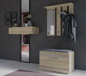 CUI501 - Cuier 85 cm, 6 agatatori haine, hol, lada pantofi, pantofar cu oglinda - Alb / Culoarea Stejar / Sonoma