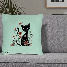Perna Decorativa Pisica Neagra Flori Roz si Inimi, 40x40 cm, Verde Menta, Husa Detasabila, Perna Inclusa, BEKZ®