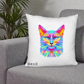 Perna Decorativa Pisica Pop Art Multicolor, 40x40 cm, Alb Pufos, Husa Detasabila, Perna Inclusa, BEKZ®
