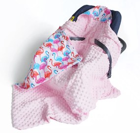 Pătură din bumbac, de lux, cu două fețe, 3 în 1 Baby Nellys 90 x 90 cm, flamingo, Minky - roz