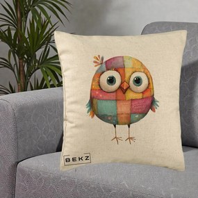Perna Decorativa Pasare Patchwork Colorata, 40x40 cm, Bej, Husa Detasabila, Perna Inclusa, BEKZ®