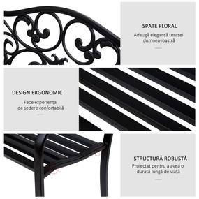 Outsunny Banca pentru exterior din fonta si metal, banca pentru gradina 2 locuri cu spatar inalt decorat, 127x60x89cm, negru