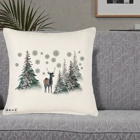 Perna Decorativa Ren in Padure Inzapezita, 40x40 cm, Crem Reliefat, Husa Detasabila, Perna Inclusa, BEKZ®
