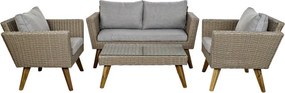 Set lounge exterior din rattan sintetic și structură din lemn și oțel cu canapea, 2 fotolii, masă și perne, finisaj bej-gri, „Zahara
