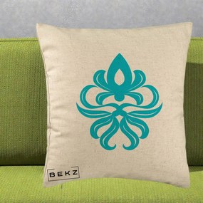 Perna Decorativa Ornament Turcoaz Fleur de Lis, 40x40 cm, Bej, Husa Detasabila, Perna Inclusa, BEKZ®