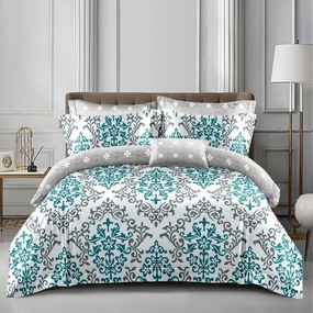 Lenjerie pat dublu cu două feţe  4 piese  Bumbac Satinat Superior  Turquoise  floral