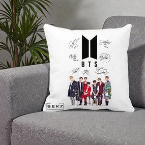 Perna Personalizata K-pop BTS Semnaturi Foto, 40x40 cm, Alba Mata, Husa Detasabila, Perna Inclusa, BEKZ®