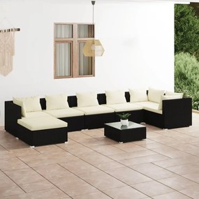 Set mobilier de gradina cu perne, 8 piese, negru, poliratan negru si crem, 3x mijloc + 3x colt + suport pentru picioare + masa, 1